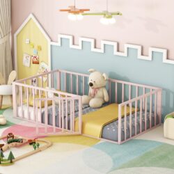 Twin Size Floor Bed Frame With Fence And Door - Pink