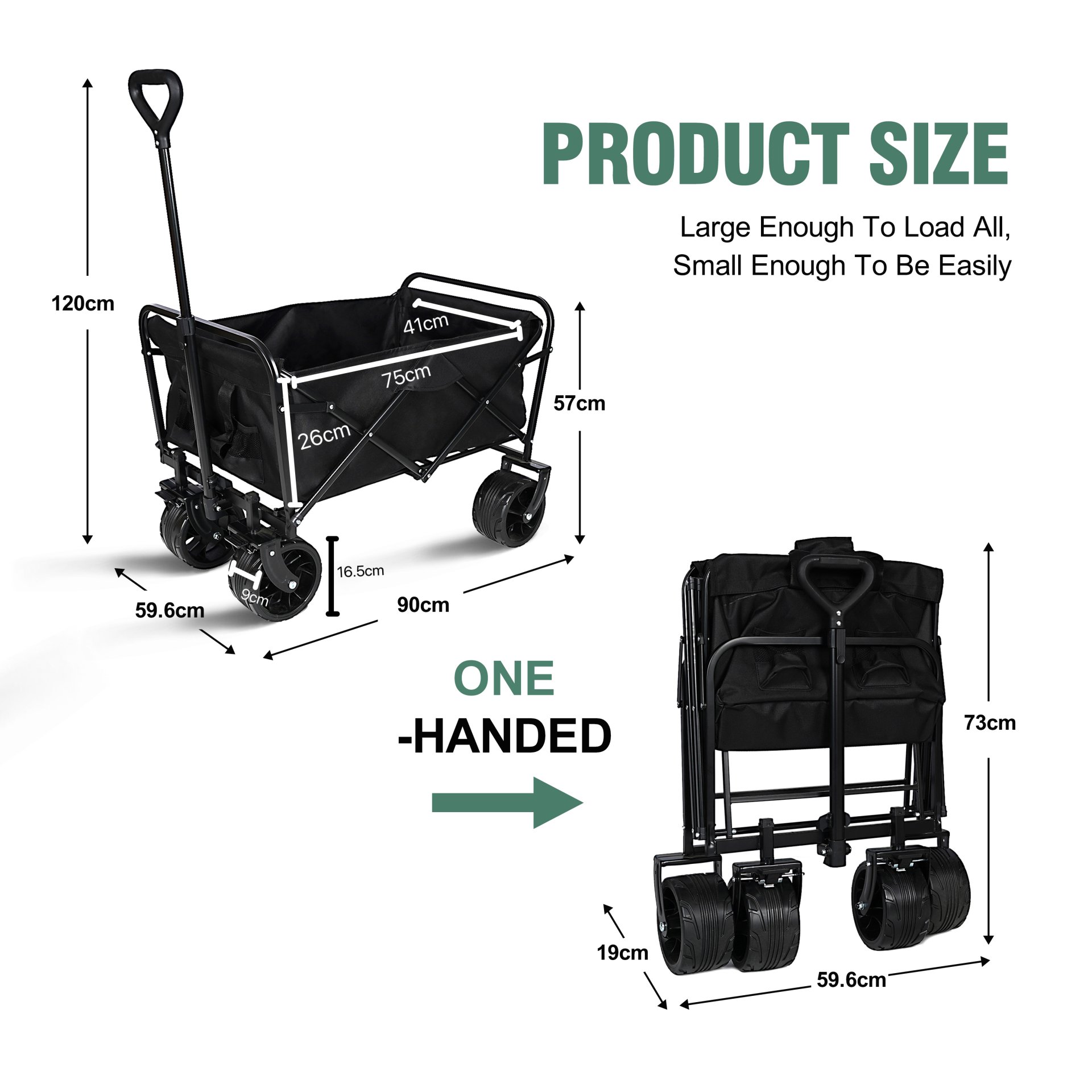 100L Collapsible Folding Beach Wagon Cart With 220Lbs Large Capacity, Wagons Carts Heavy Duty Foldable With Big Wheels For Sand, Garden, Camping - Black - Image 10