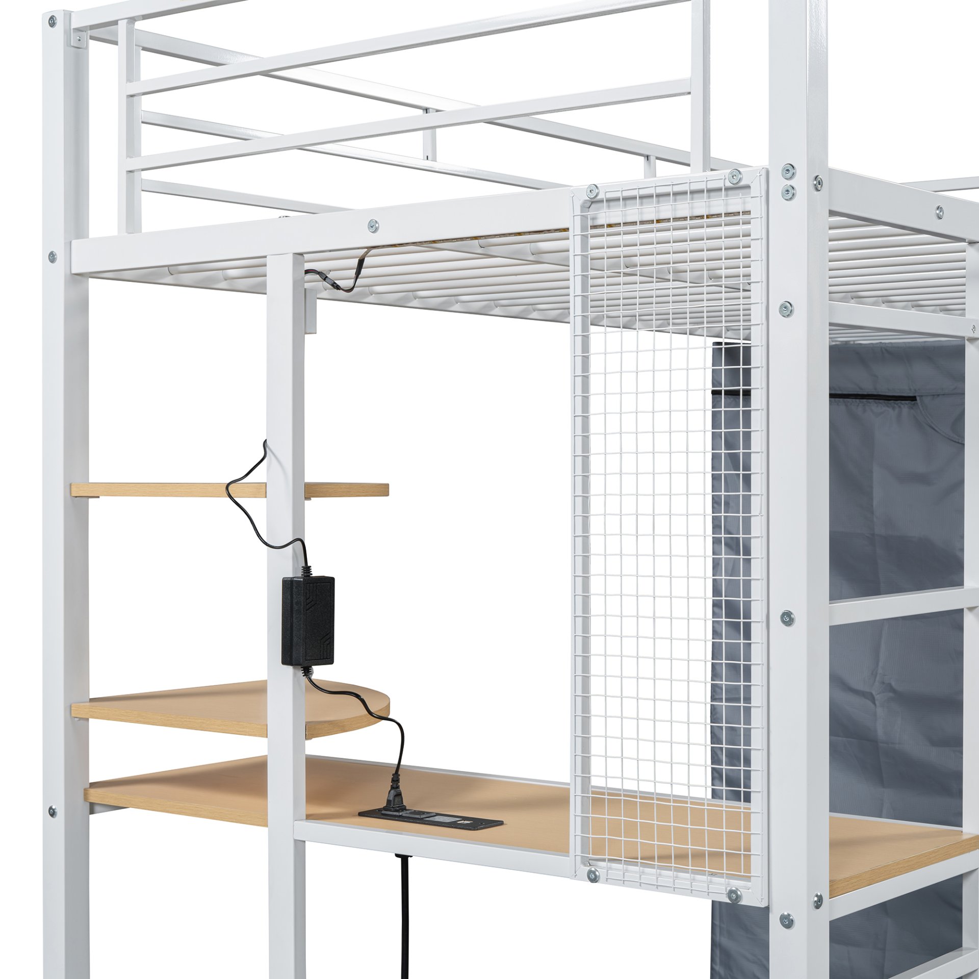 Twin Size Loft Bed With Desk, Shelves, Power Outlet, LED Light And Wardrobe - White - Image 17