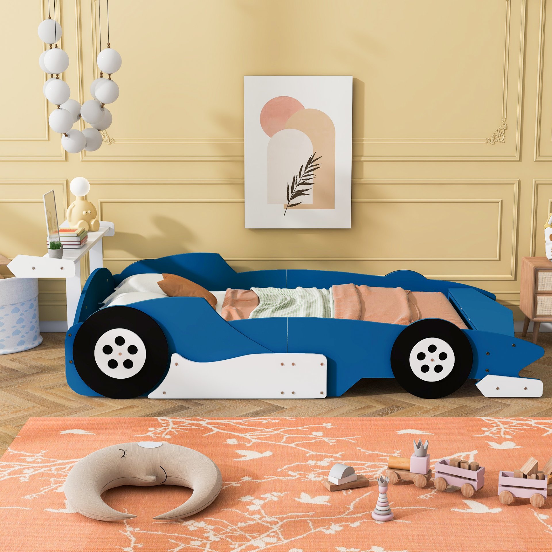 Full Size Race Car Shaped Platform Bed With Wheels - Blue - Image 2