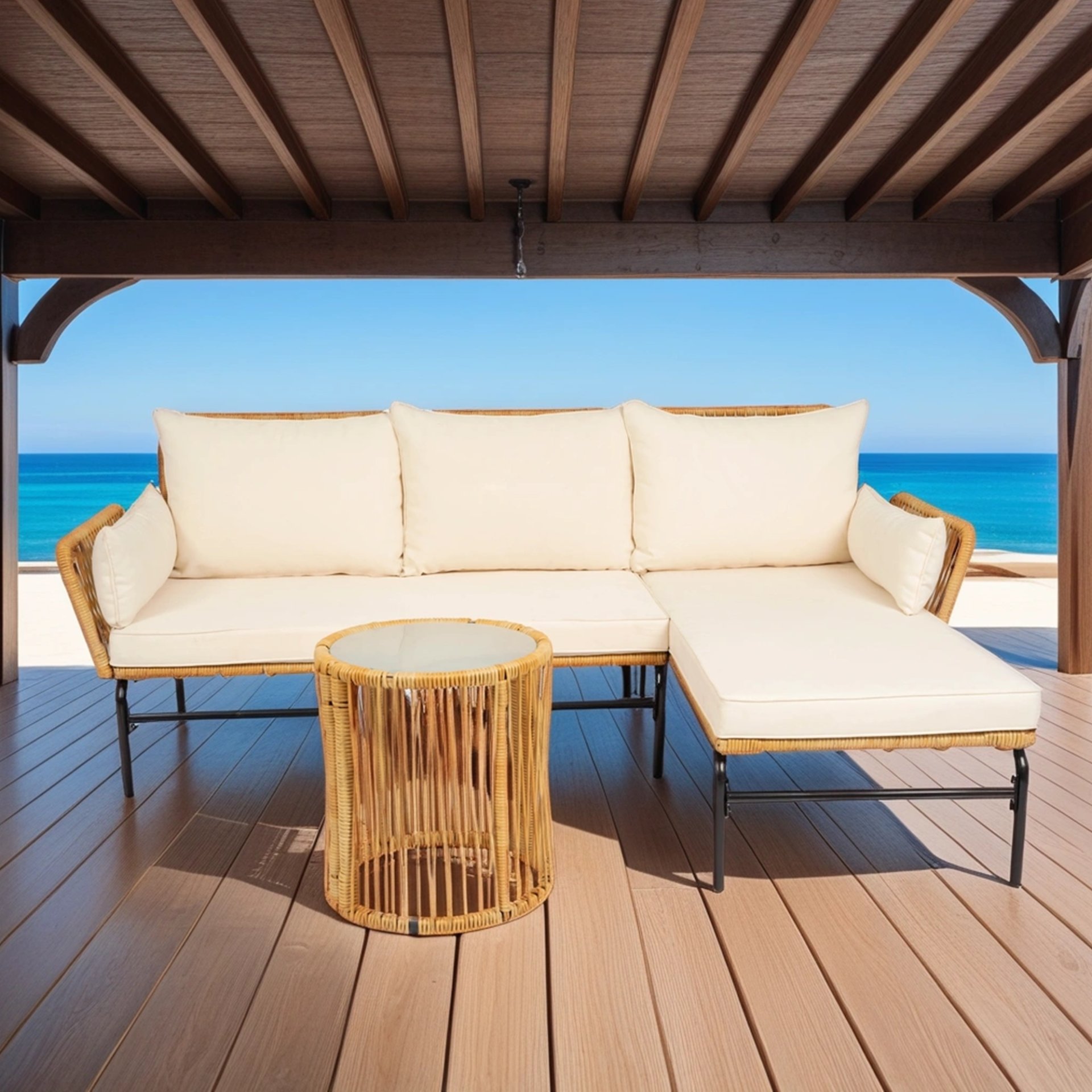 3 Pieces Outdoor Patio Wicker Furniture Sets Table And Chairs With Thick Cushion Outdoor Sofa Set Wicker And Cushion - Natural Yellow / Creme - Image 4