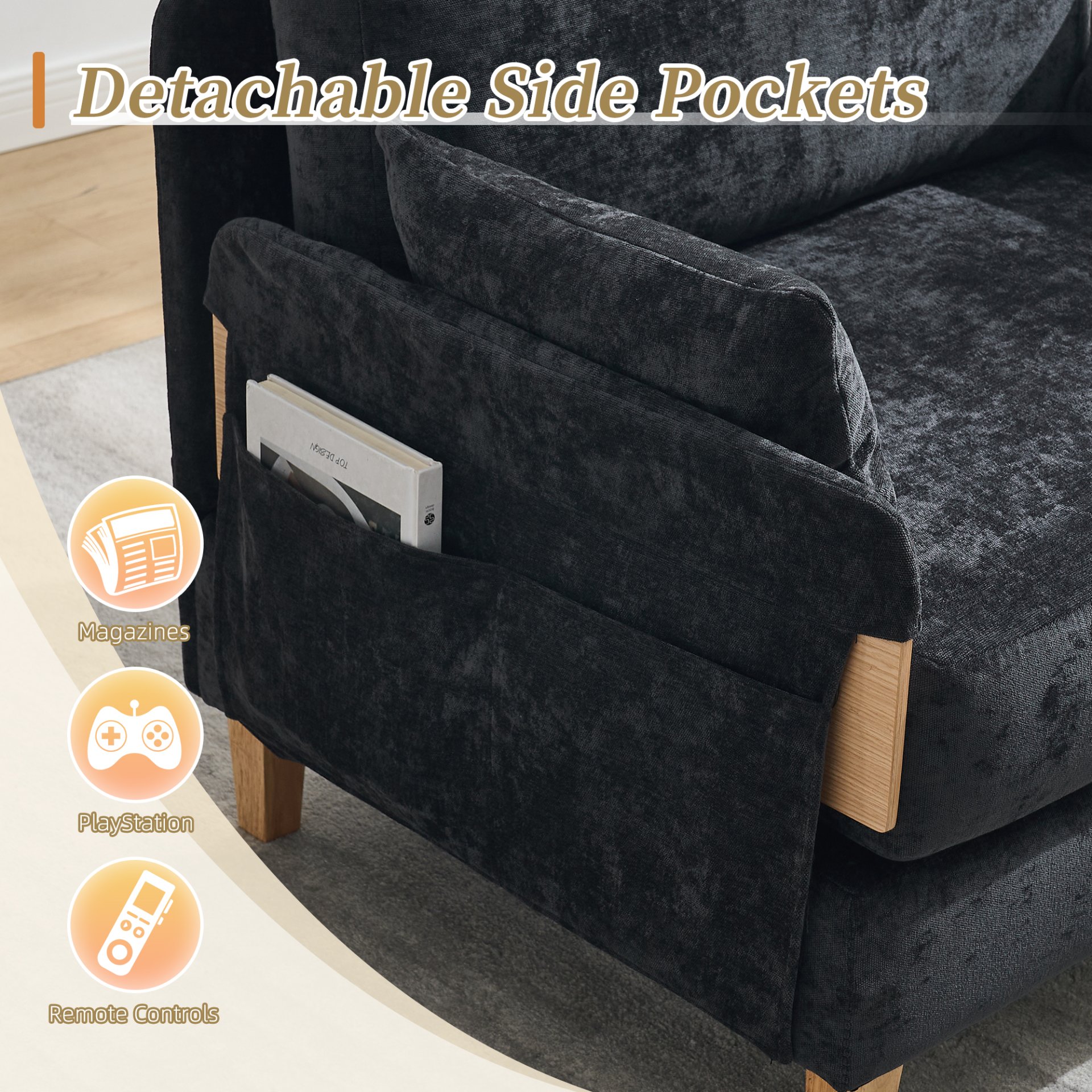 Mid Century Modern Foldable Sofa Bed Recliner, 3 - 1 Convertible Sleeper With 3 Pillows For Small Spaces - Black - Image 9