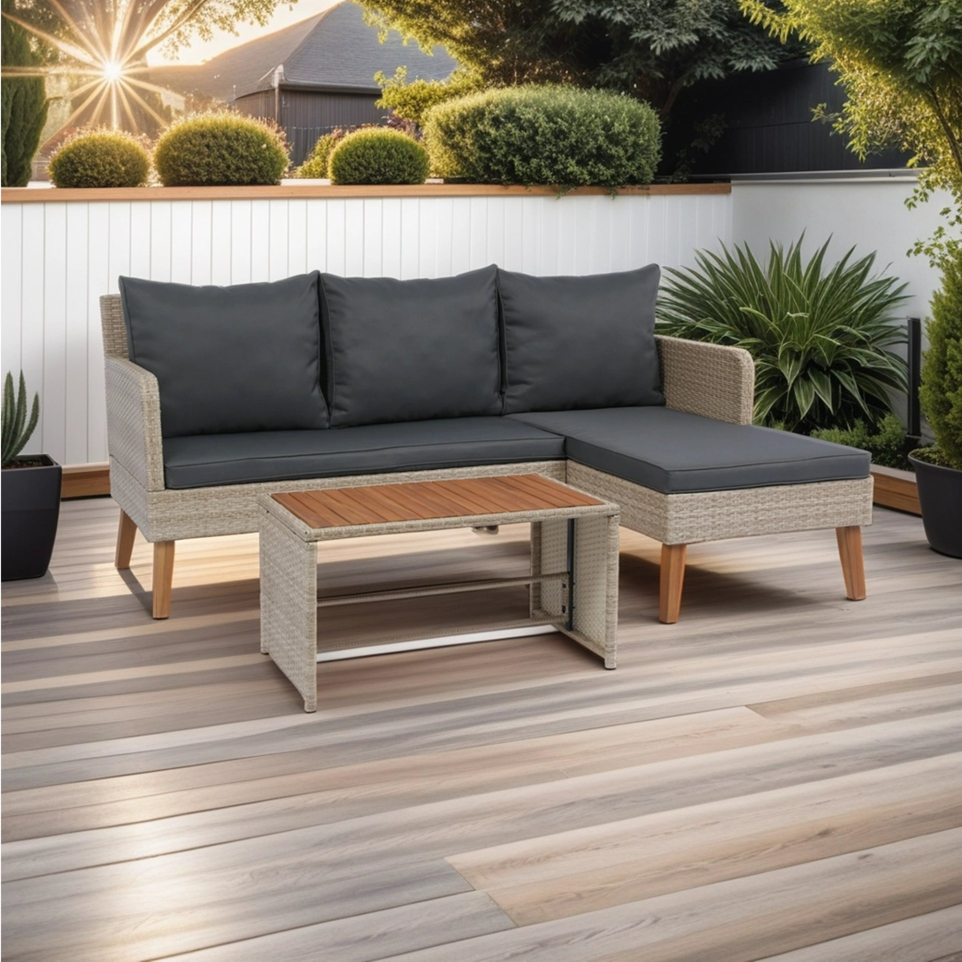 3 Piece Patio Sectional Wicker Rattan Outdoor Furniture Sofa Set Natural Wicker And Cushion - Yellow / Dark Gray - Image 4