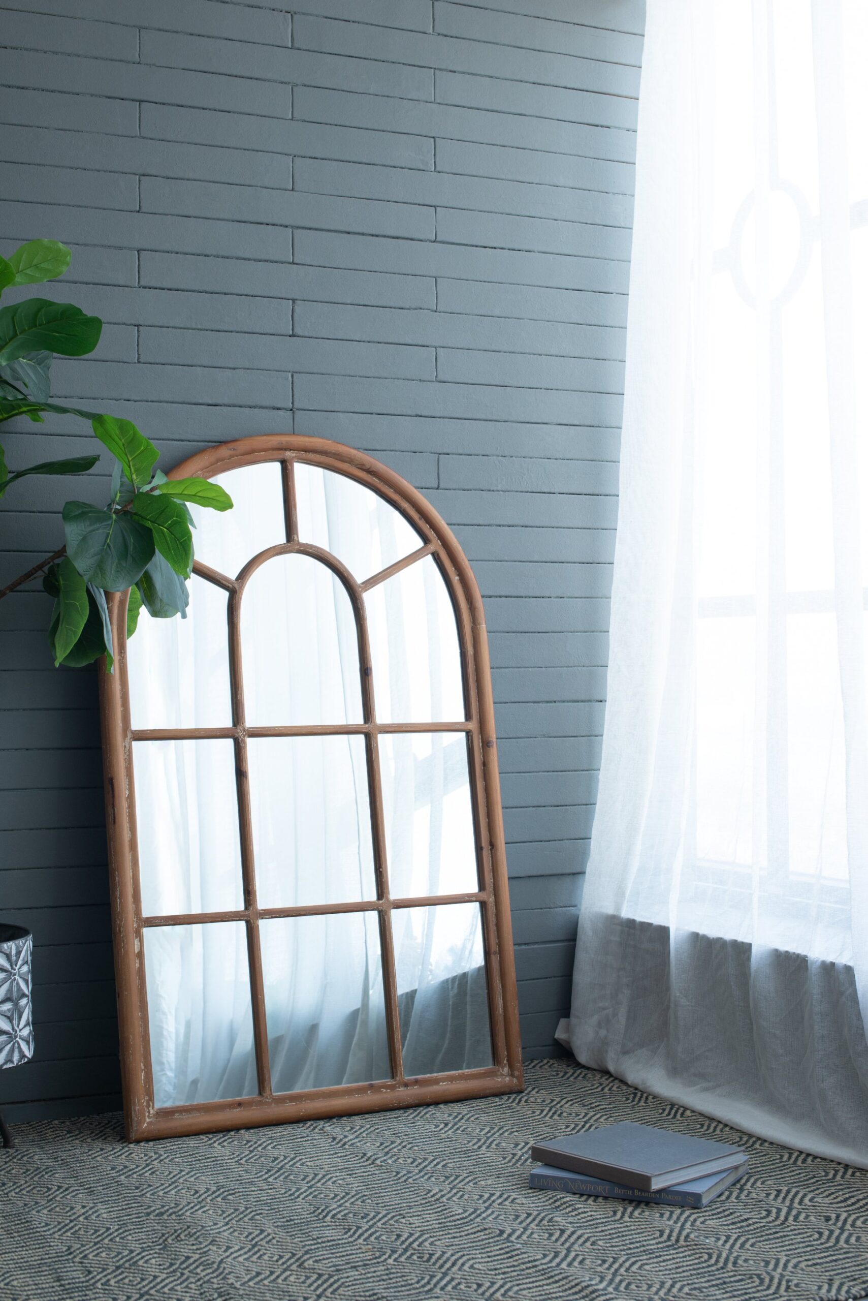 Large Arched Accent Mirror With Frame With Decorative Window Look Classic Architecture Style Solid Fir Wood Interior Decor - Brown - Image 7