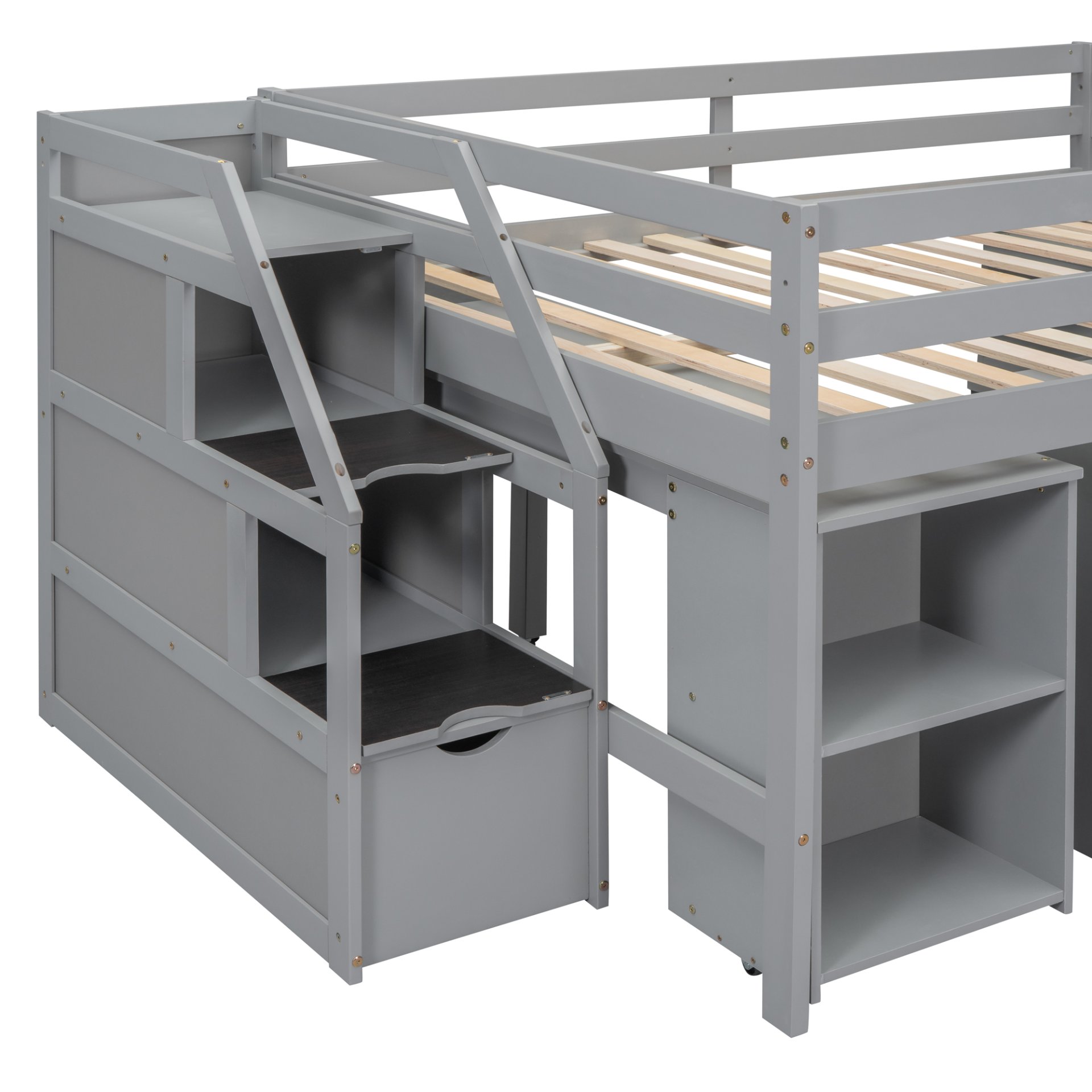 Full Size Loft Bed With Retractable Writing Desk And 3 Drawers With Storage Stairs And Shelves - Gray - Image 16