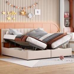 King Size Upholstered Platform Bed With A Hydraulic Storage System - Beige