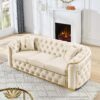 Velvet Button Tufted Sofa Couch With 2 Pillows 3 Seater Luxury Chesterfield Sofa Set With Stainless Steel Accents For Living Room - Beige - Image 5