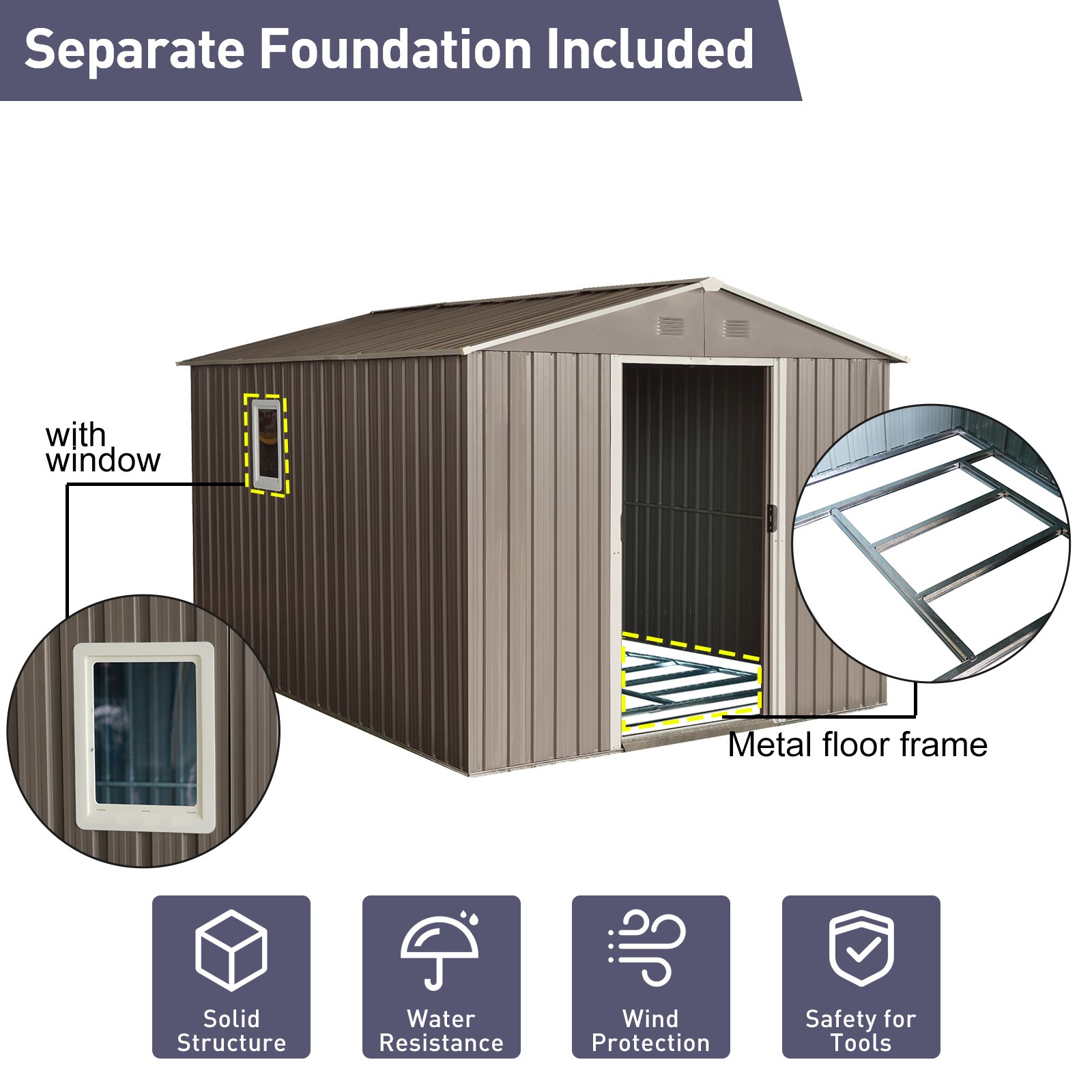 8Ft x 10Ft Outdoor Metal Storage Shed With Metal Floor Base, With Window - Gray - Image 2