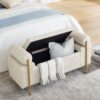Elegant Upholstered Linen Storage Bench With Cylindrical Arms And Iron Legs - Beige - Image 6