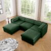 Elegant Chenille Sofa With Storage Seat And Ottoman U Shaped 3 Seater Cylindrical Backrest And Armrests - Green - Image 13