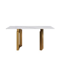 63" Modern Artificial Stone White Straight Edge Golden Metal Leg Dining Table - White / Gold