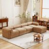 Modular Sectional Sofa With Storage Cylindrical Backrest And Armrests Deep Comfortable Seating Chenille 4 Seat L Shaped Sofa - Camel - Image 12