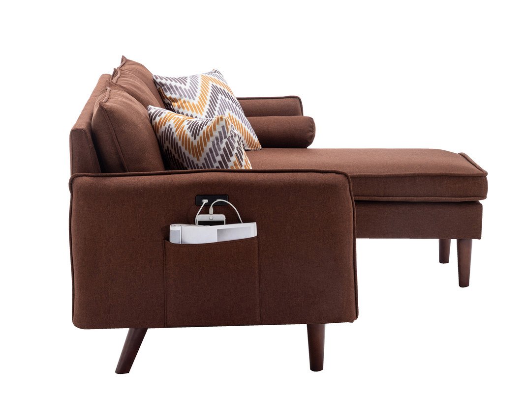 Mia - Sectional Sofa Chaise With USB Charger And Pillows - Brown - Image 4
