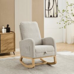 Rocking Chair For Nursery, High Back Glider Chair With Retractable Footrest, Side Pocket, Rocking Accent Armchair With Rubber Wood Legs For Living Room / Bedroom - Light Gray