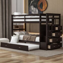 Twin Over Twin Bunk Bed With Trundle And Staircase - Espresso
