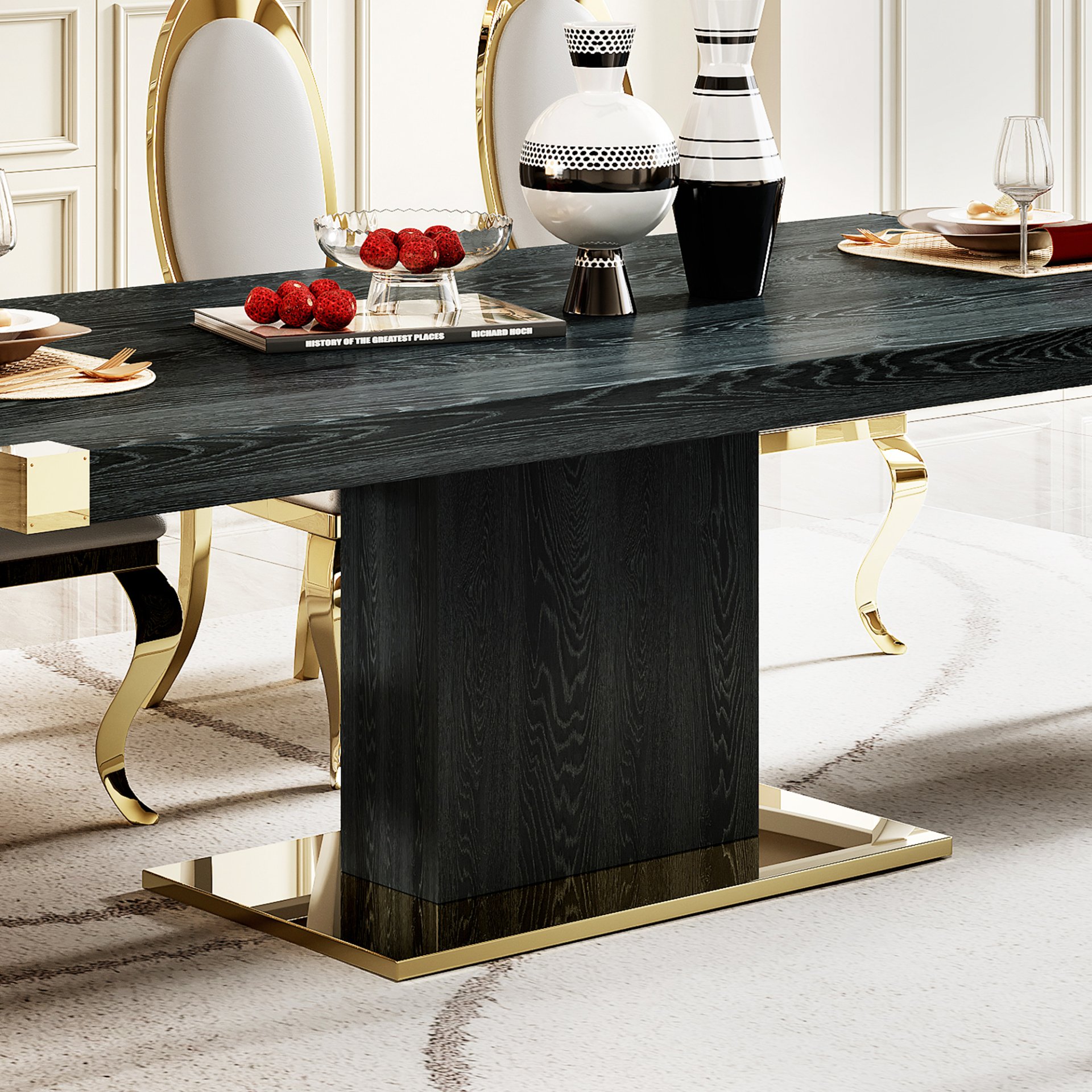 Top Dining Table With Gold Finish Corner, Pillar And Gold Finish Stainless Steel Base - Black - Image 9