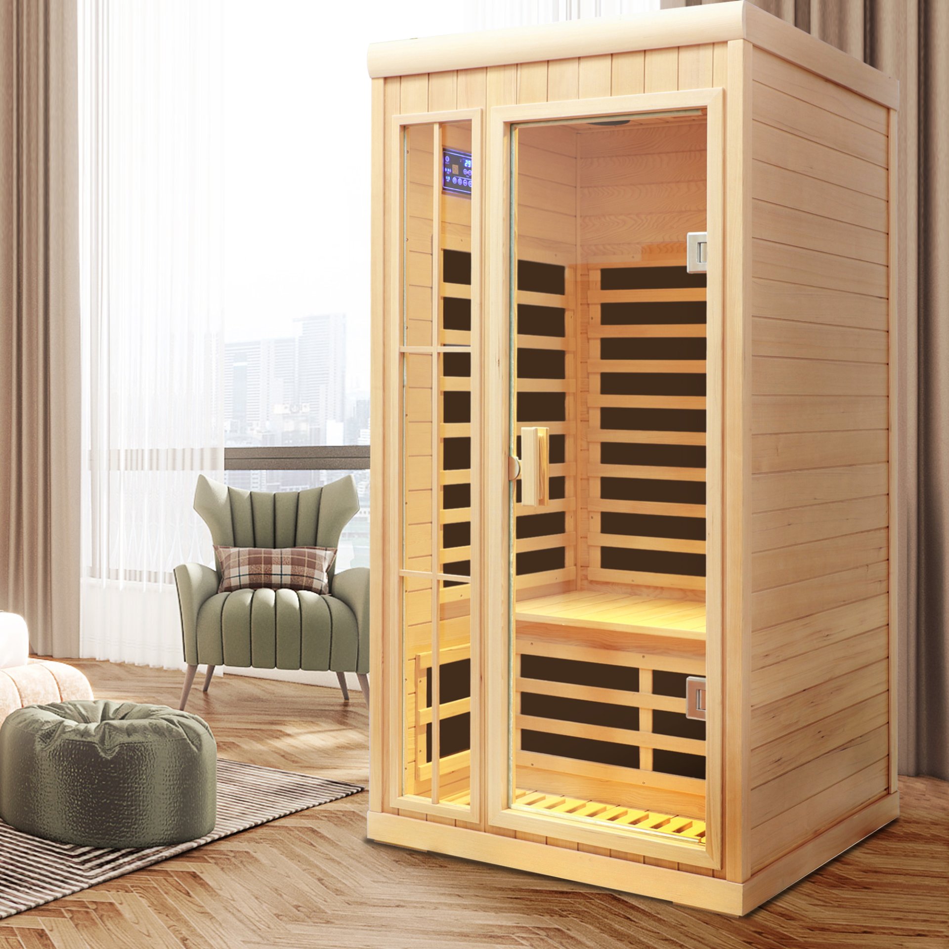 Deluxe Version Plus 1 Person Far Infrared Hemlock Sauna Room With LED Colour Lights - Natural - Image 9