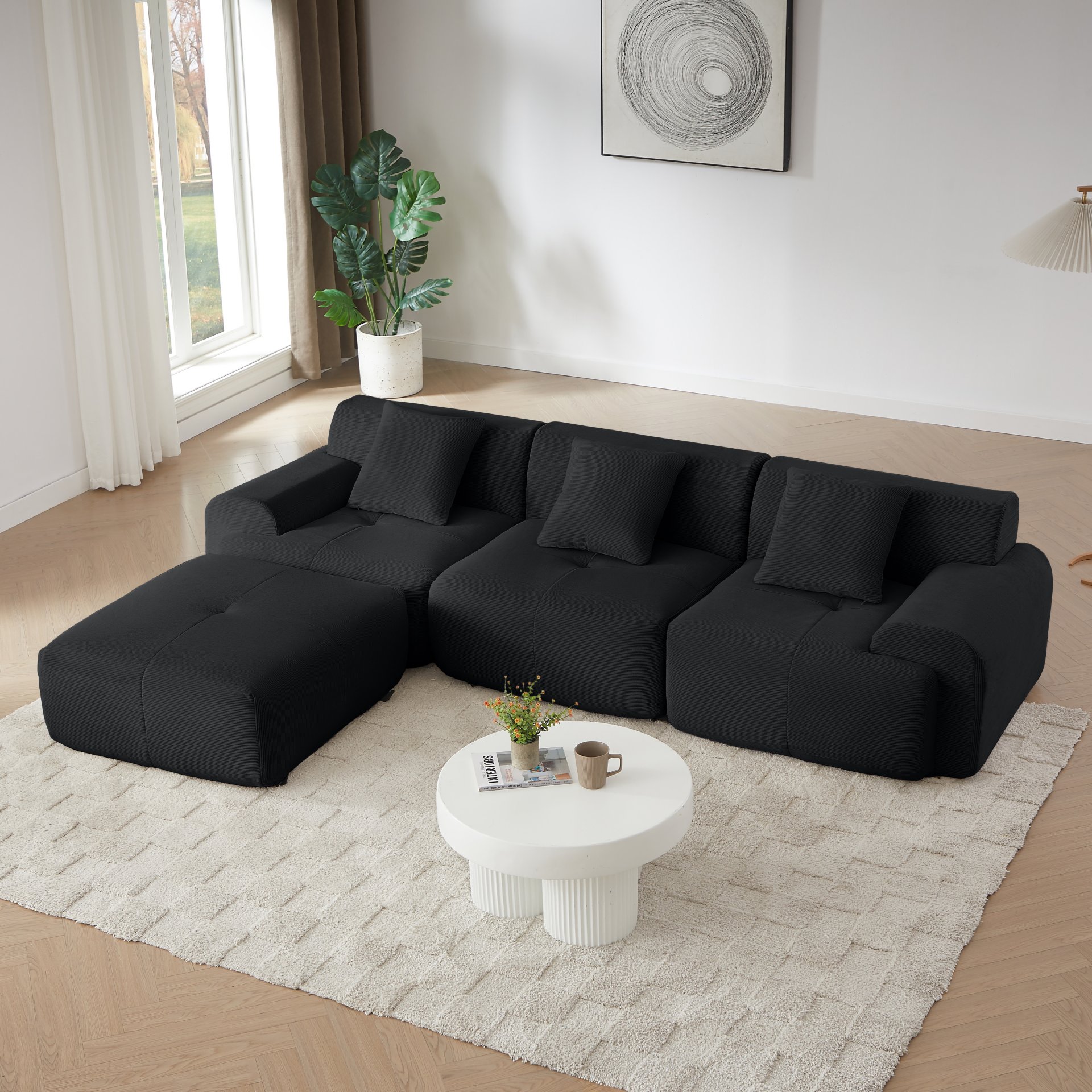 L Shaped Modular Sectional Sofa, Oversized 3 Seater With Deep Seat And Movable Ottoman - Black - Image 10