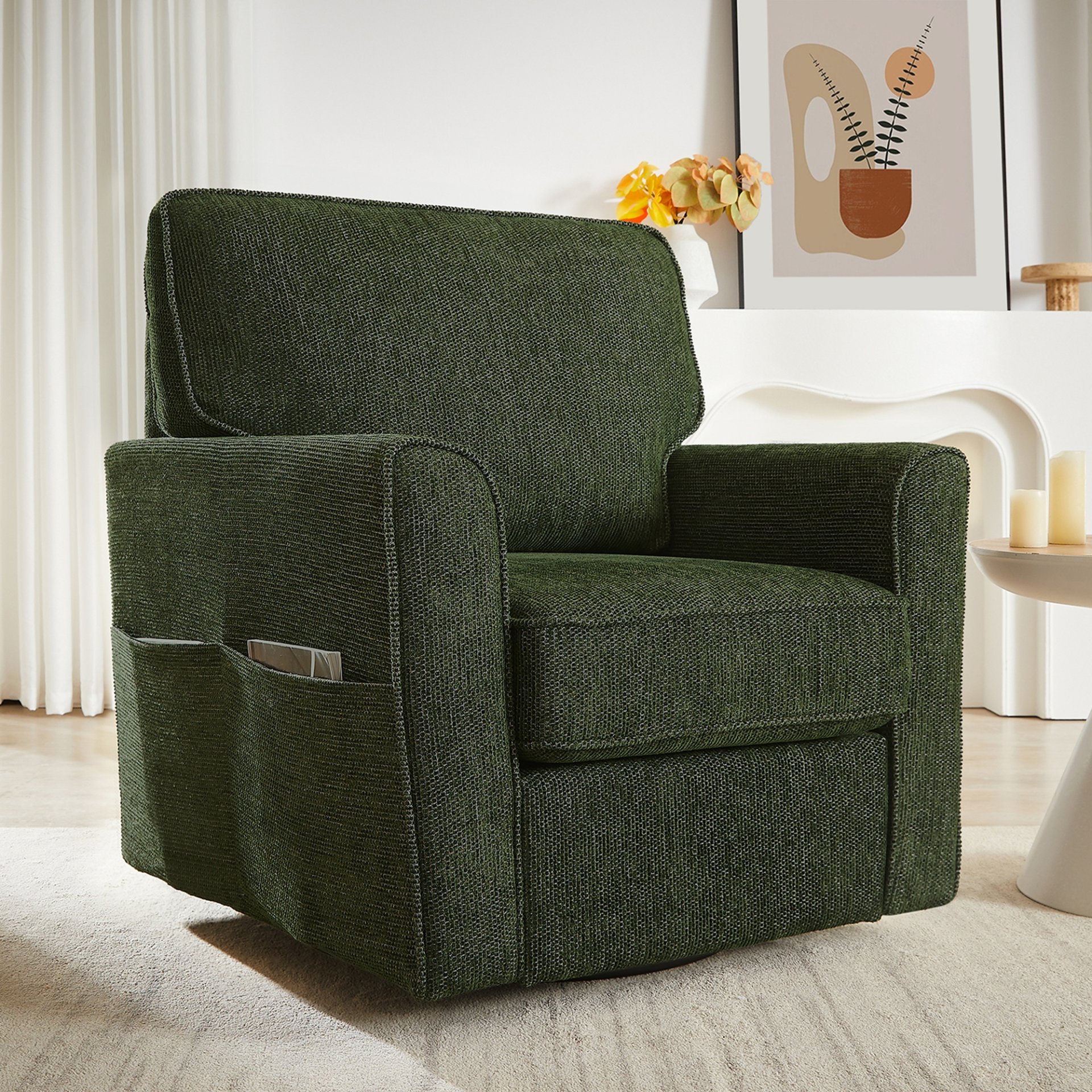 360° Swivel Chair Accent Barrel Armchair With Side Pockets, Chenille Upholstery, Compact Size - Green - Image 16