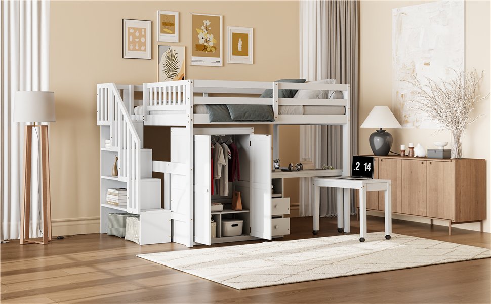Full Size Loft Bed With Stairs, Bookshelf, Drawers, Desk & Wardrobe, Space Saving Multifunctional Furniture - White - Image 23