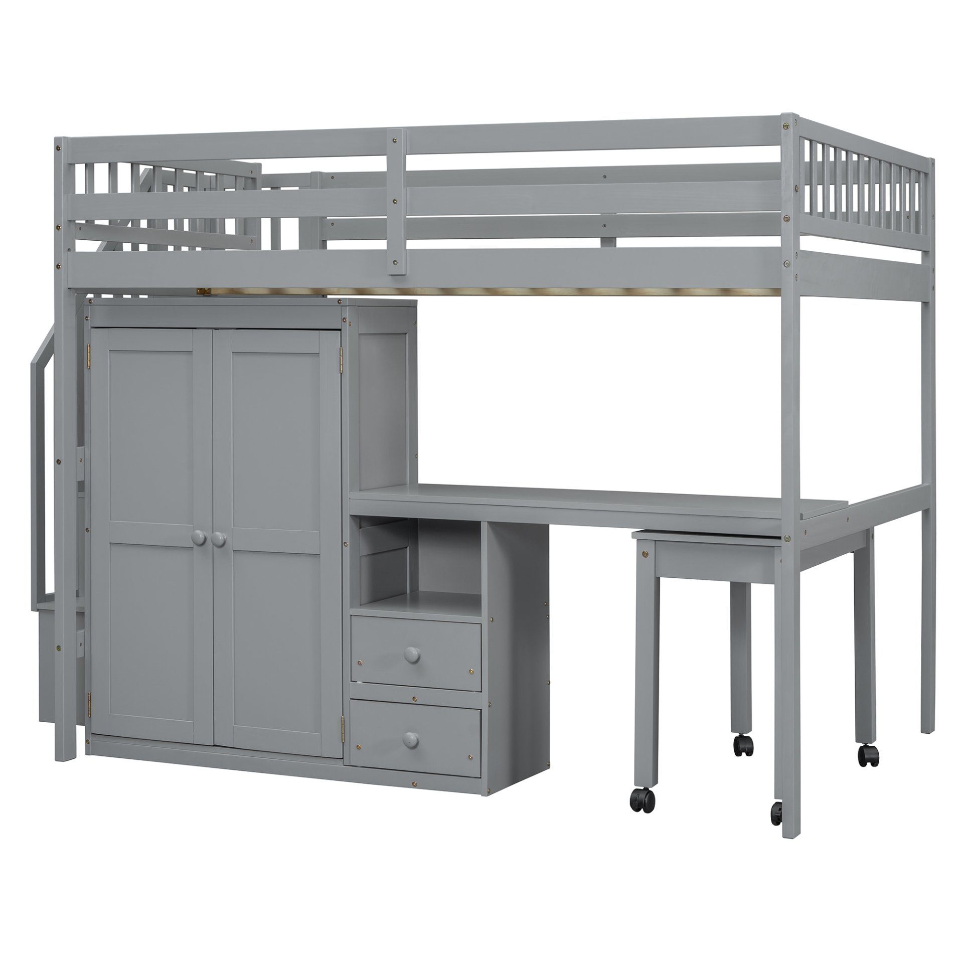 Full Size Loft Bed With Stairs, Bookshelf, Drawers, Desk & Wardrobe, Space Saving Multifunctional Furniture - Gray - Image 4
