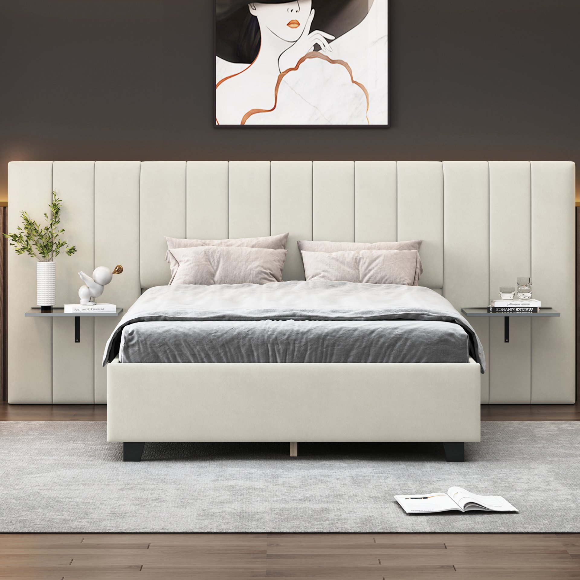 Full Size Upholstered Platform Bed With Big Headboard - Beige - Image 2