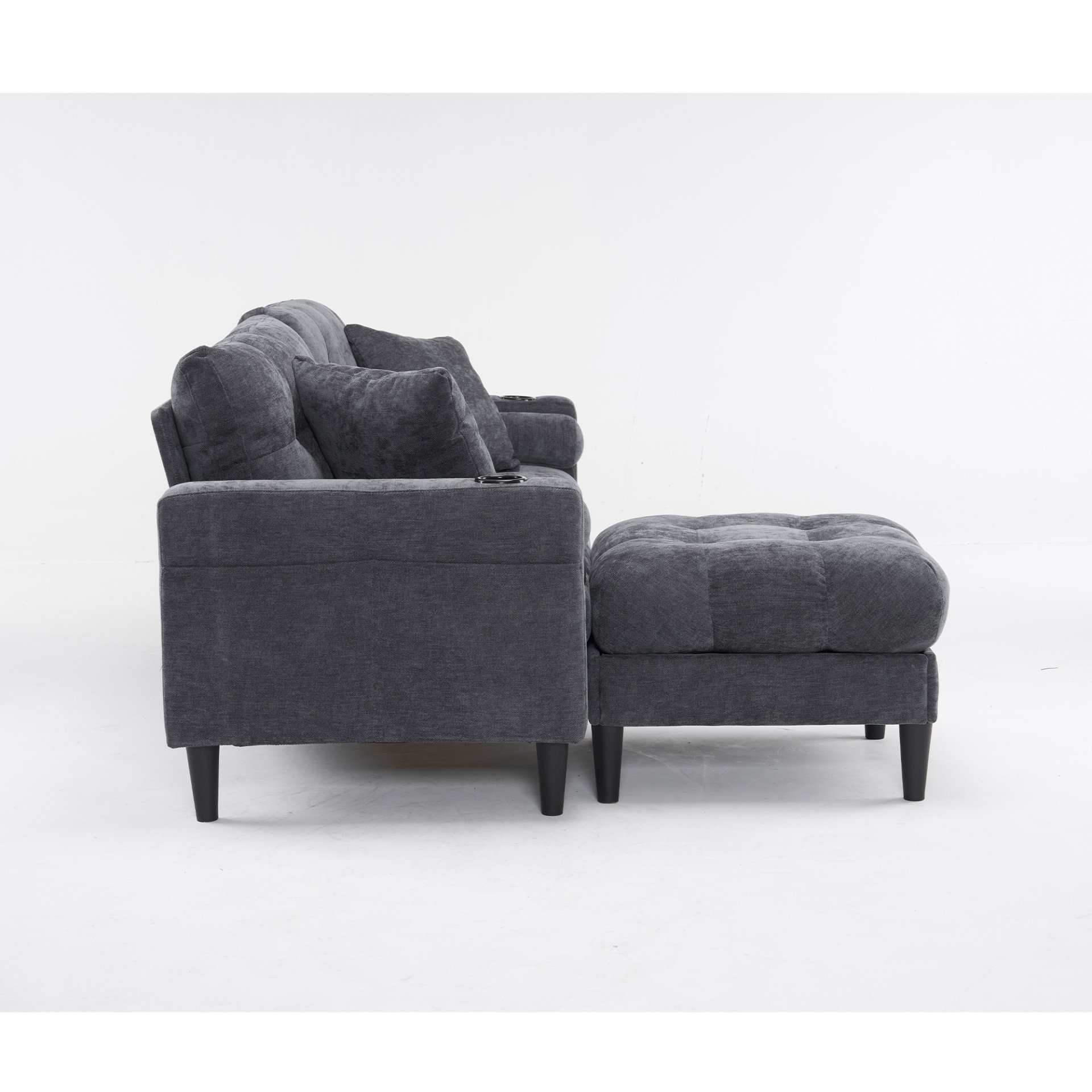 3 Seat L-Shaped Chenille Sofa With Removable And Storage Ottoman, Side Storage, And USB / C - Type Charging Ports Sofa For Living Room, Bedroom, Apartment - Antique Dark Gray - Image 9