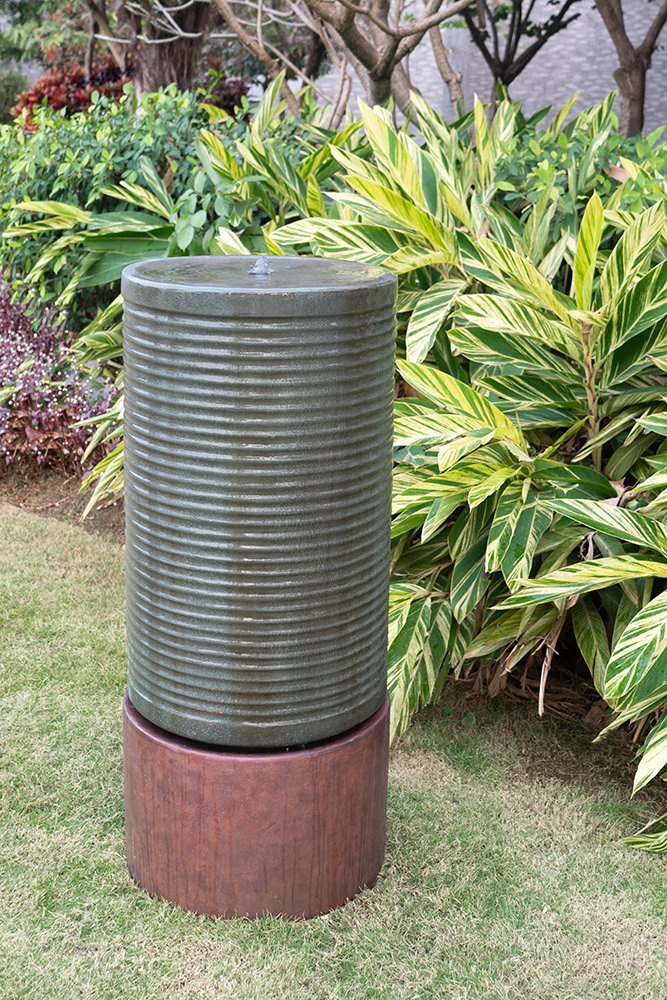 Tall Large Modern Cylinder Ribbed Tower Water Fountain With Rustic Base, Contemporary Antique Green Copper Outdoor Bird Feeder / Bath Cement Fountain - Antique Green - Image 4