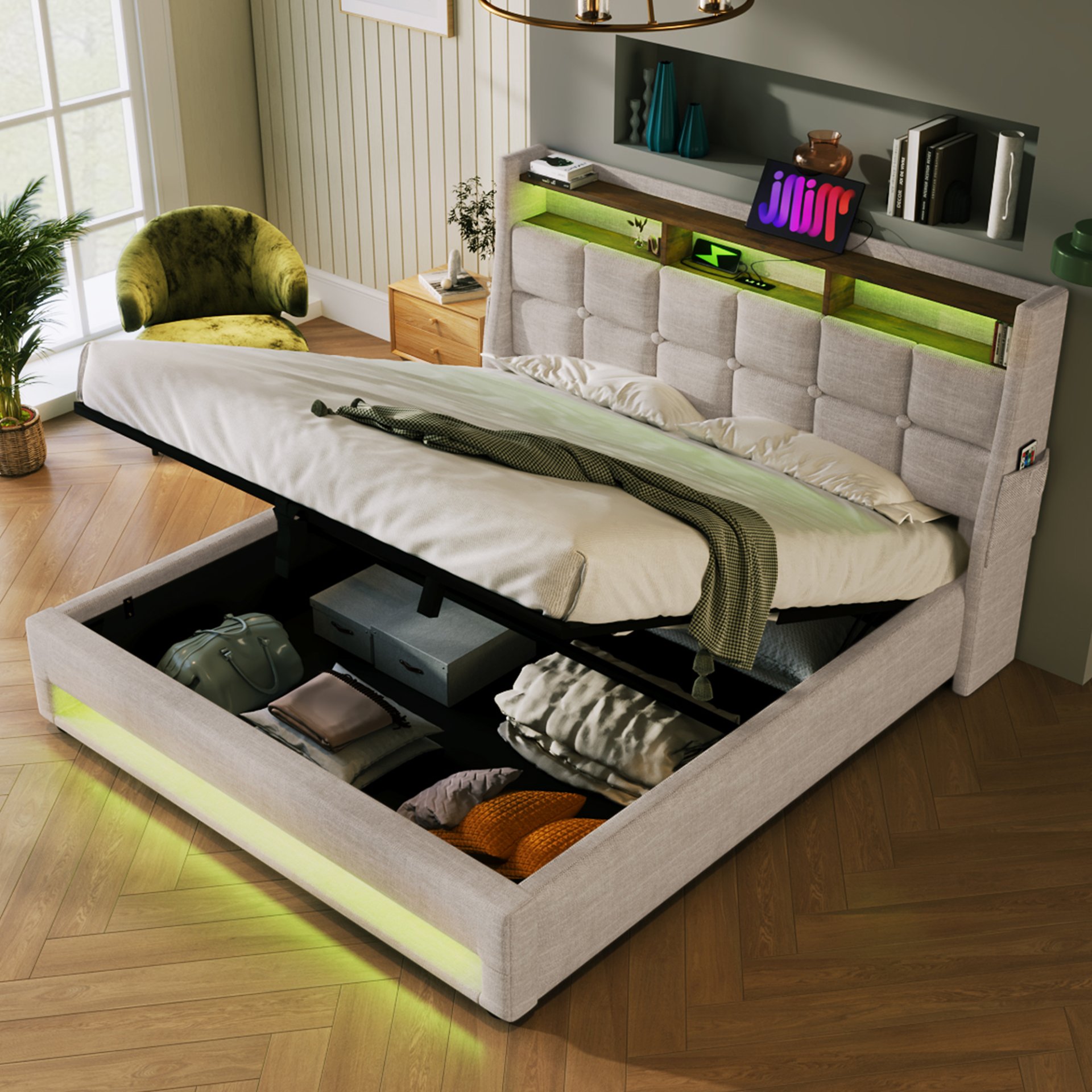 Full Size Upholstered Platform Bed With A Hydraulic Storage System, LED And USB Charging (Without Mattress) - Natural - Image 12