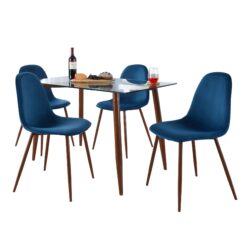 Clara Pebble - 5 Piece Mid-Century Modern Dining Set - Walnut / Clear / Blue