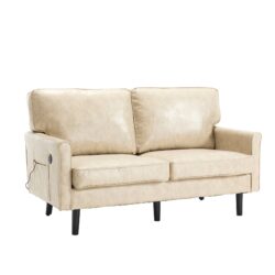 Mid Century Modern Loveseat Sofa, 2 Seater With USB & Removable Pillow Cover - Camel