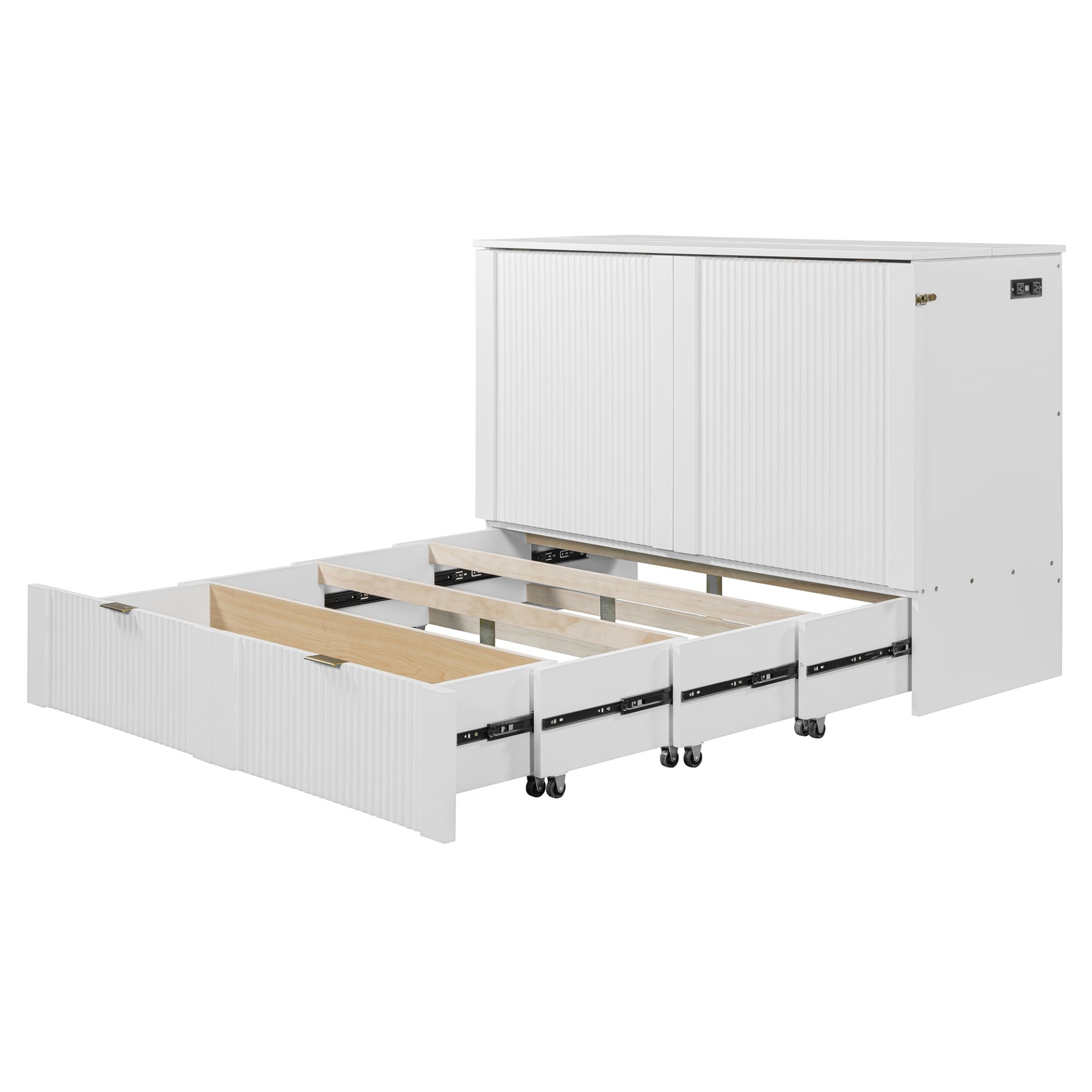 Full Size Murphy Bed With Drawer And A Set Of Sockets & USB Ports, Pulley Structure Design - White - Image 8