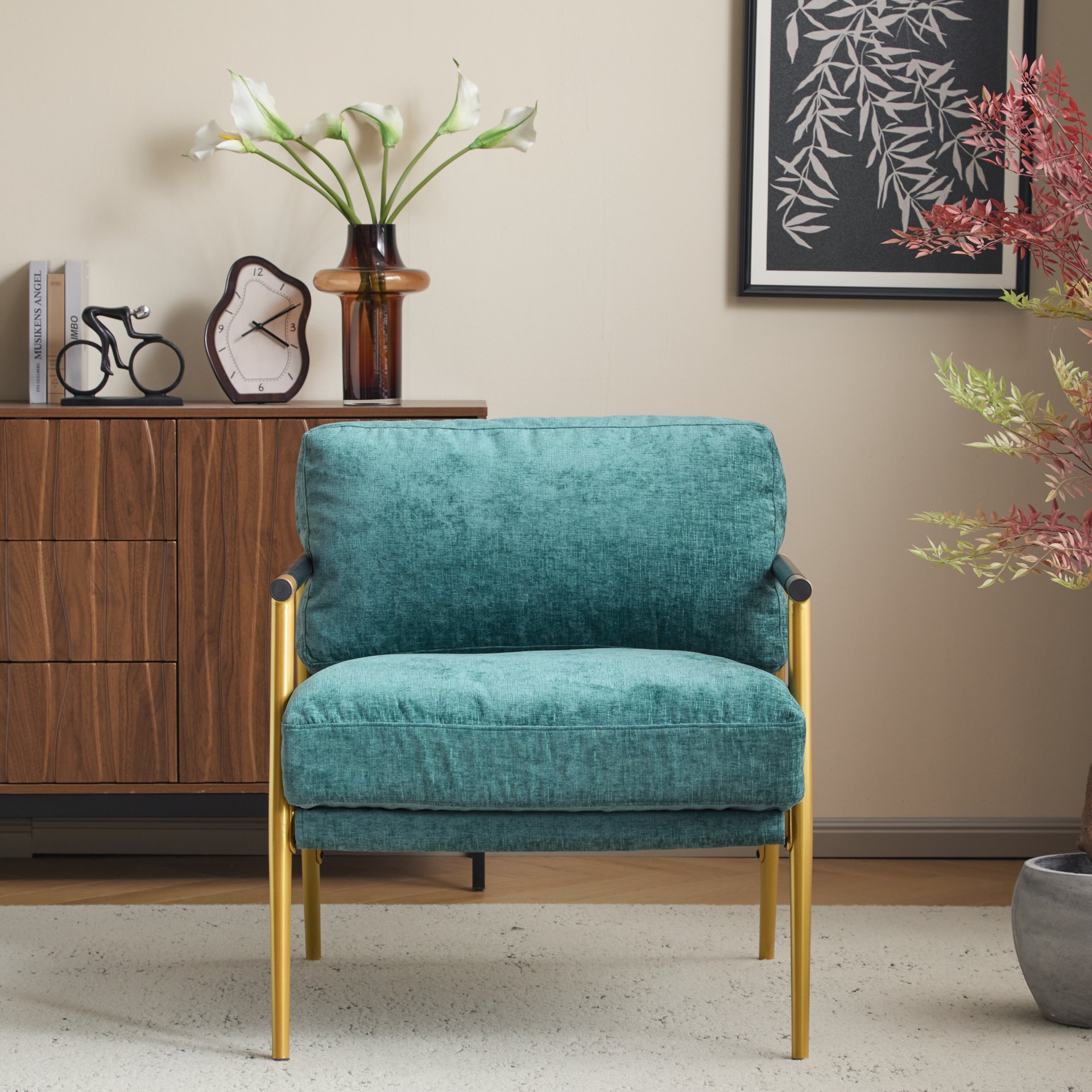 Modern Accent Chair With Plush Cushions, Metal Frame, Wooden Armrests Cozy Seating For Living Room, Bedroom, Office - Gold / Teal Blue - Image 5
