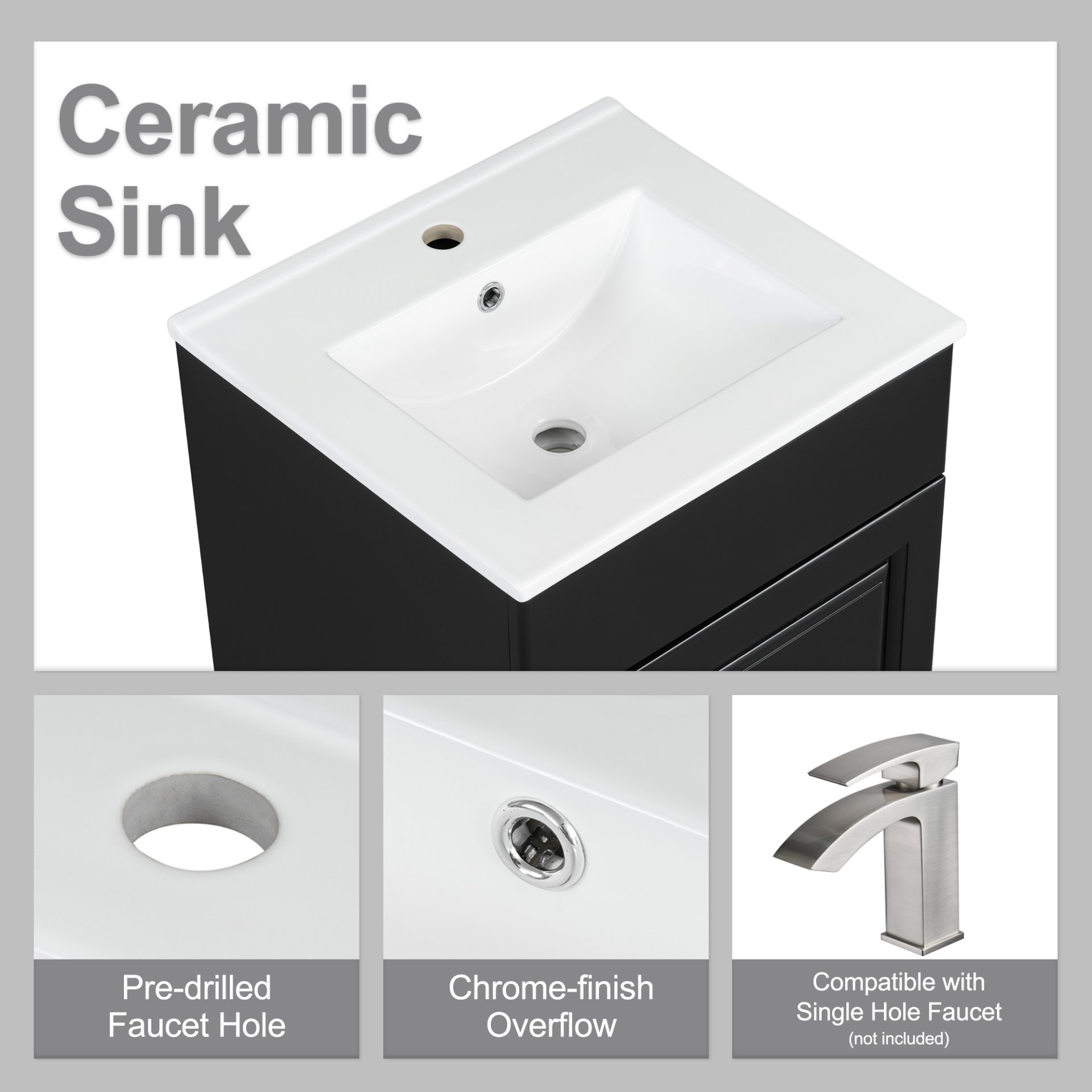 20" Bathroom Vanity With Sink, Freestanding Cabinet With Door Shelf And Adjustable Shelf, And Ceramic Construction - Black - Image 7