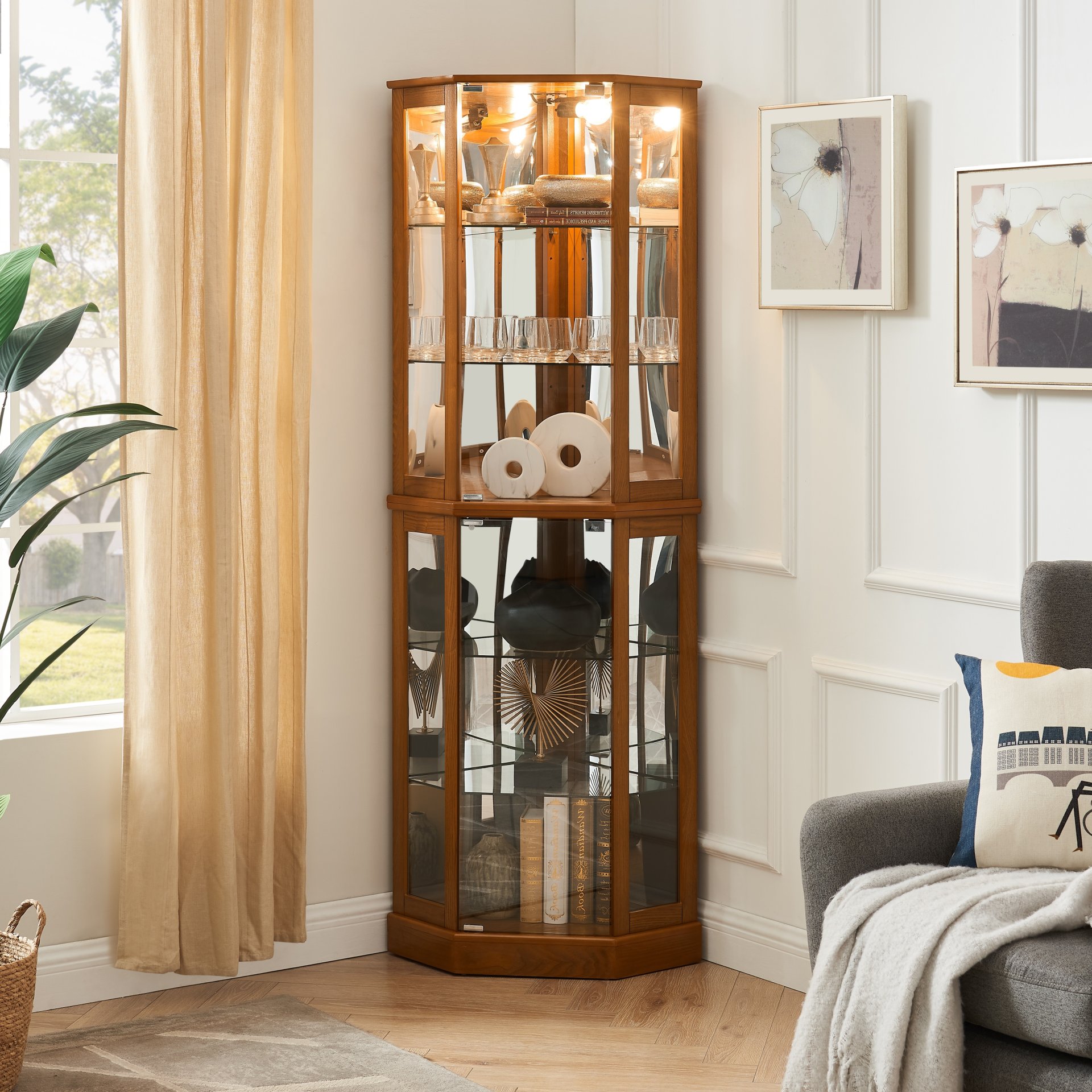 6 Shelf Corner Curio Display Cabinet With Lights, Mirrors And Adjustable Shelves (E26 Light Bulb Not Included) - Oak - Image 7
