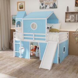 Full Size Loft Bed & Slide Tent And Tower - Blue