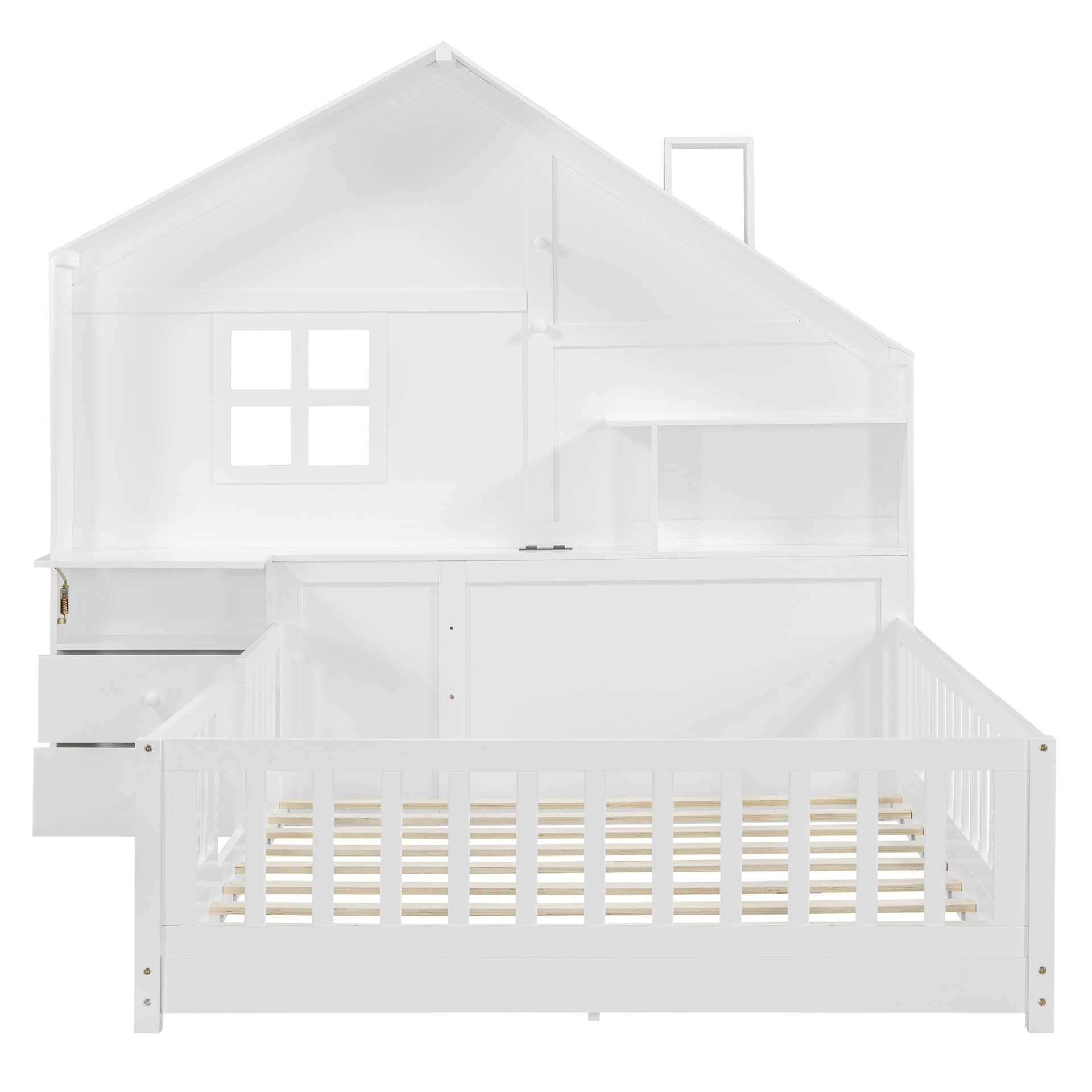 Full Size House Bed With Window And Bedside Drawers, Platform Bed With Shelves And A Set Of Sockets And USB Port - White - Image 5