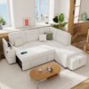 Sectional Sofa Pull Out Sofa Bed L - Shaped Sofa With Movable Ottoman And Stool, Large Storage Space, A Cup Holder, And 2 USB Ports For Living Room - Creamy White - Image 2