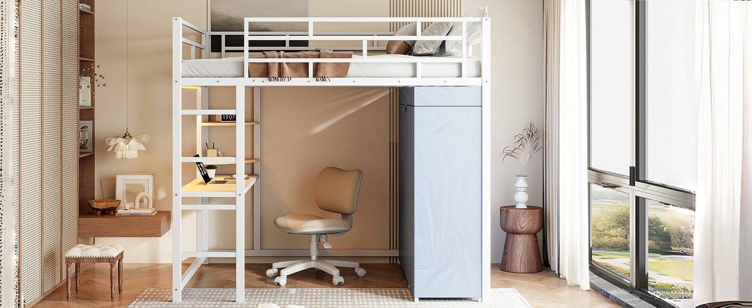 Full Size Loft Bed With Desk, Shelves, Power Outlet, LED Light And Wardrobe - White - Image 26