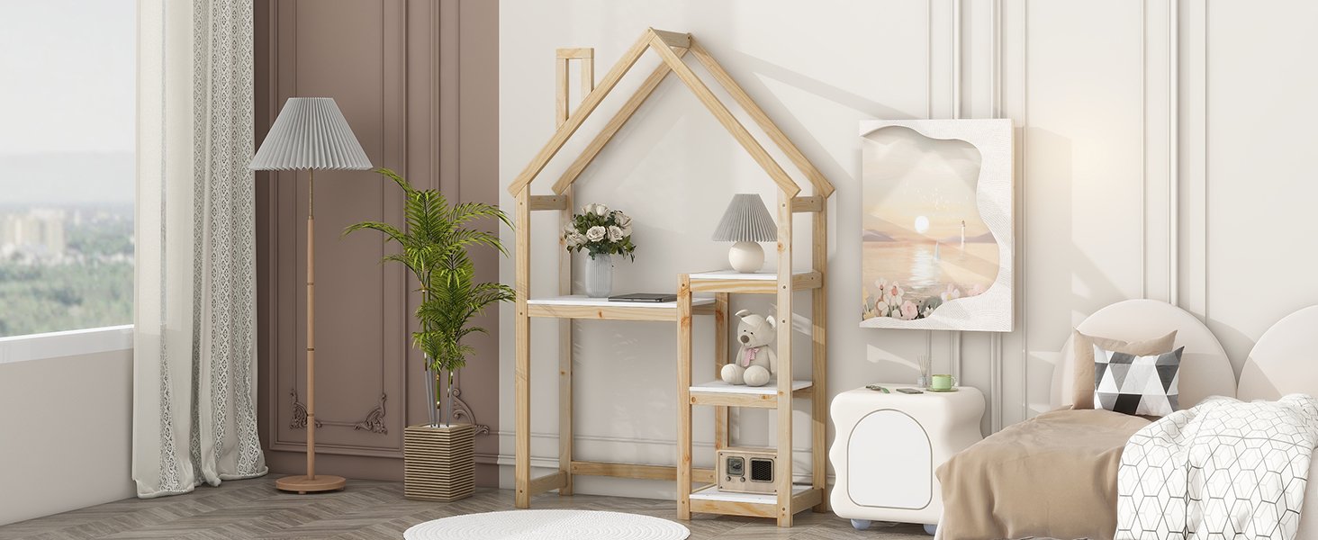 House-Shaped Wooden Writing Desk, Kids Study Table, Bookshelf & Toy Storage - Natural - Image 7