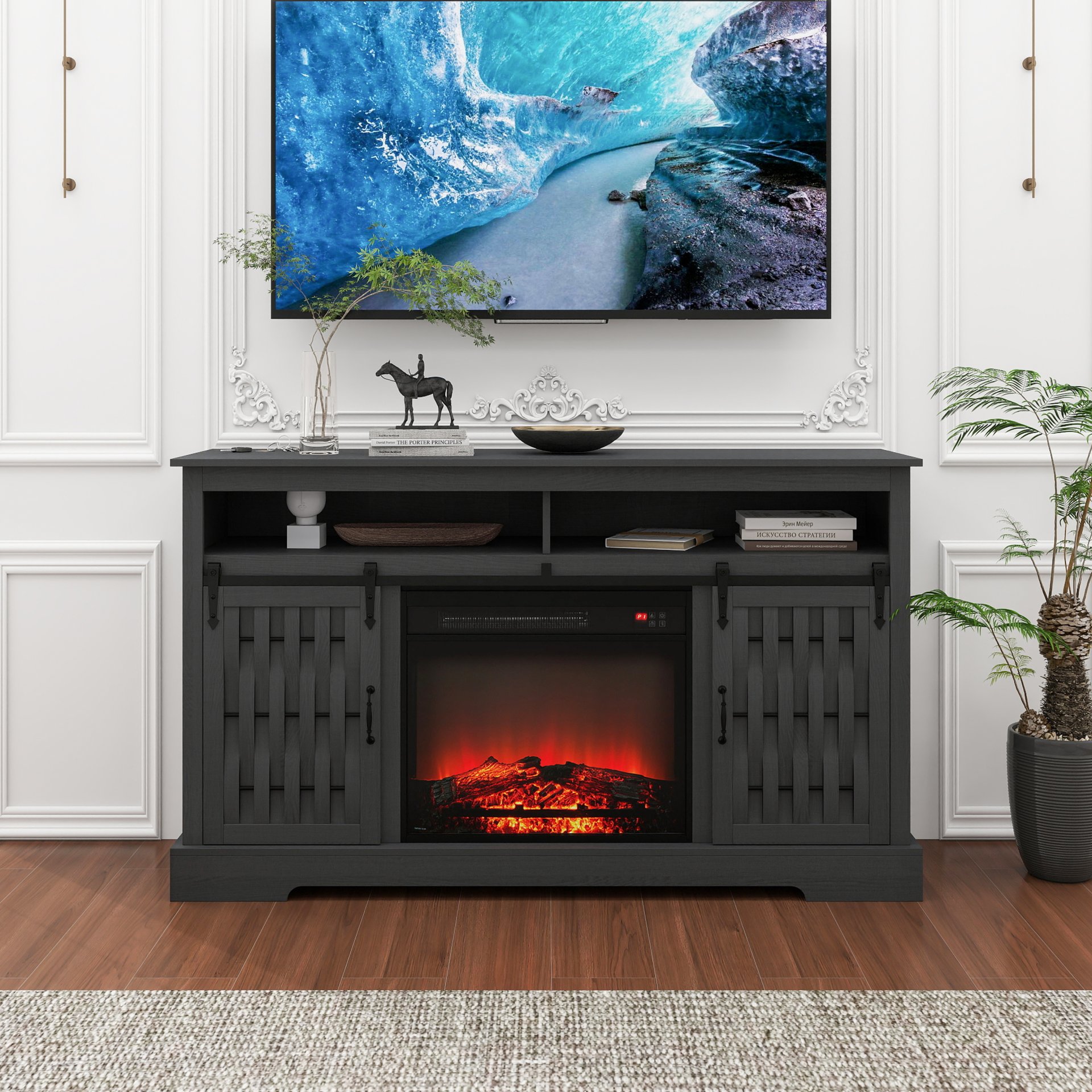 Fireplace TV Stand For Tvs Up To 65", Entertainment Center With 23" Electric Fireplace, Farmhouse TV Stand Industrial Media Console With Sliding Barn Door For Living Room - Dark Gray - Image 2