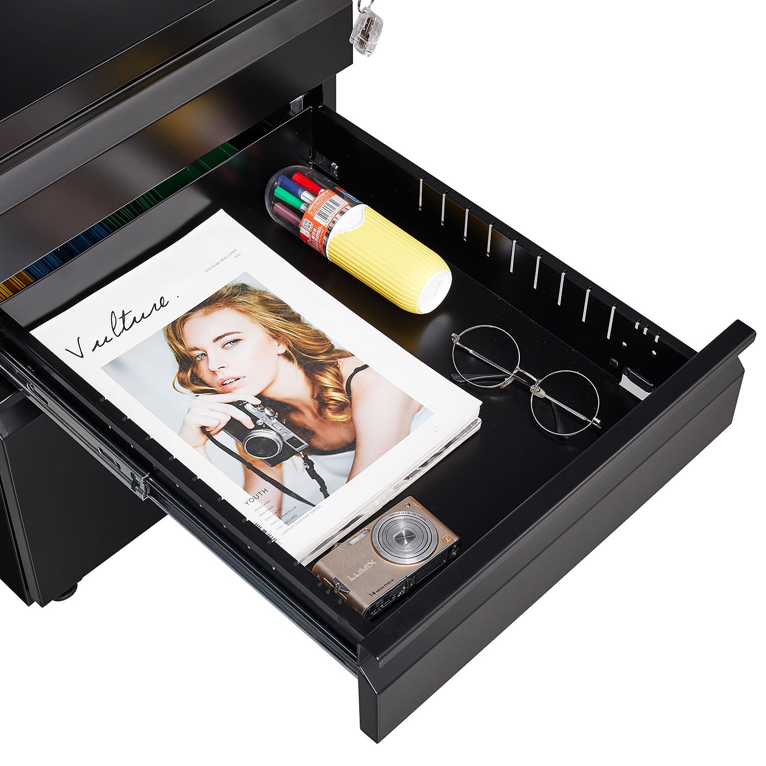 Contemporary 3 Drawer Mobile Filing Cabinet With Lock, Metal Office Storage For Legal / Letter Size - Black - Image 11