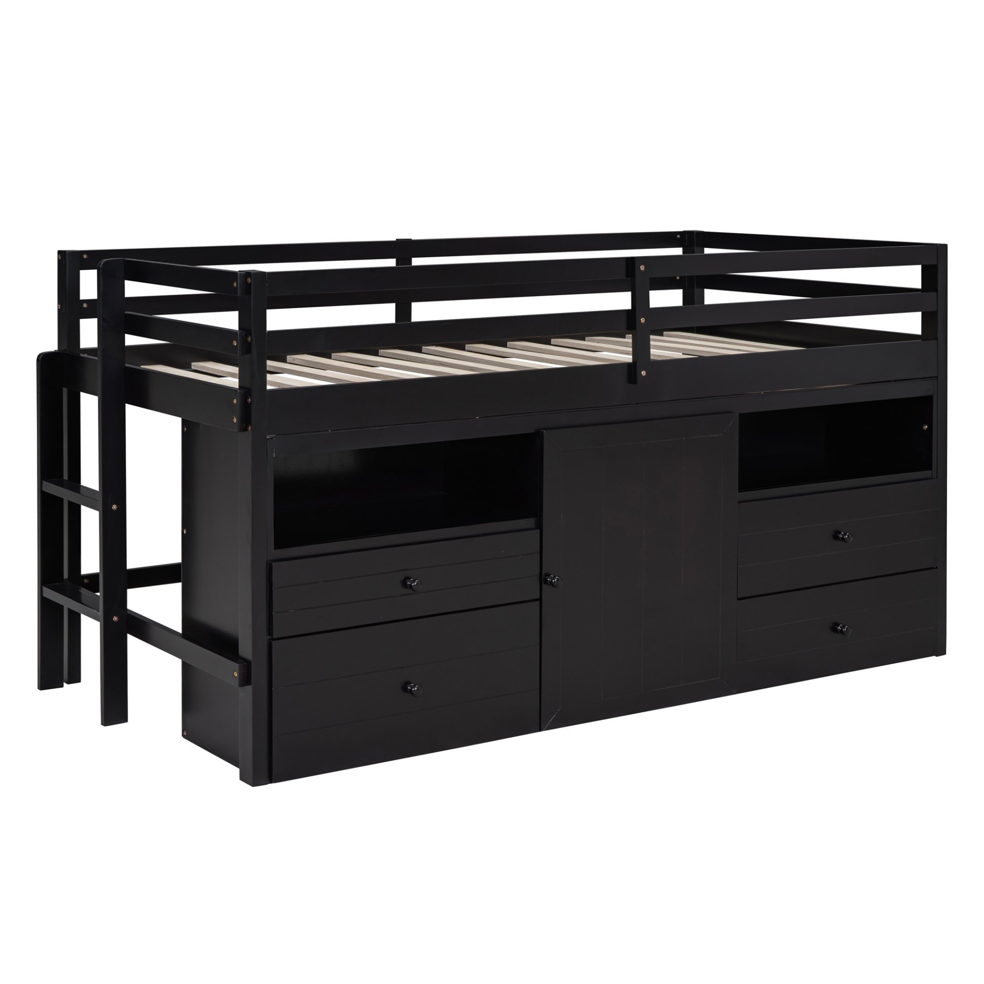 Twin Size Loft Bed With 4 Drawers, Underneath Cabinet And Shelves - Espresso - Image 4