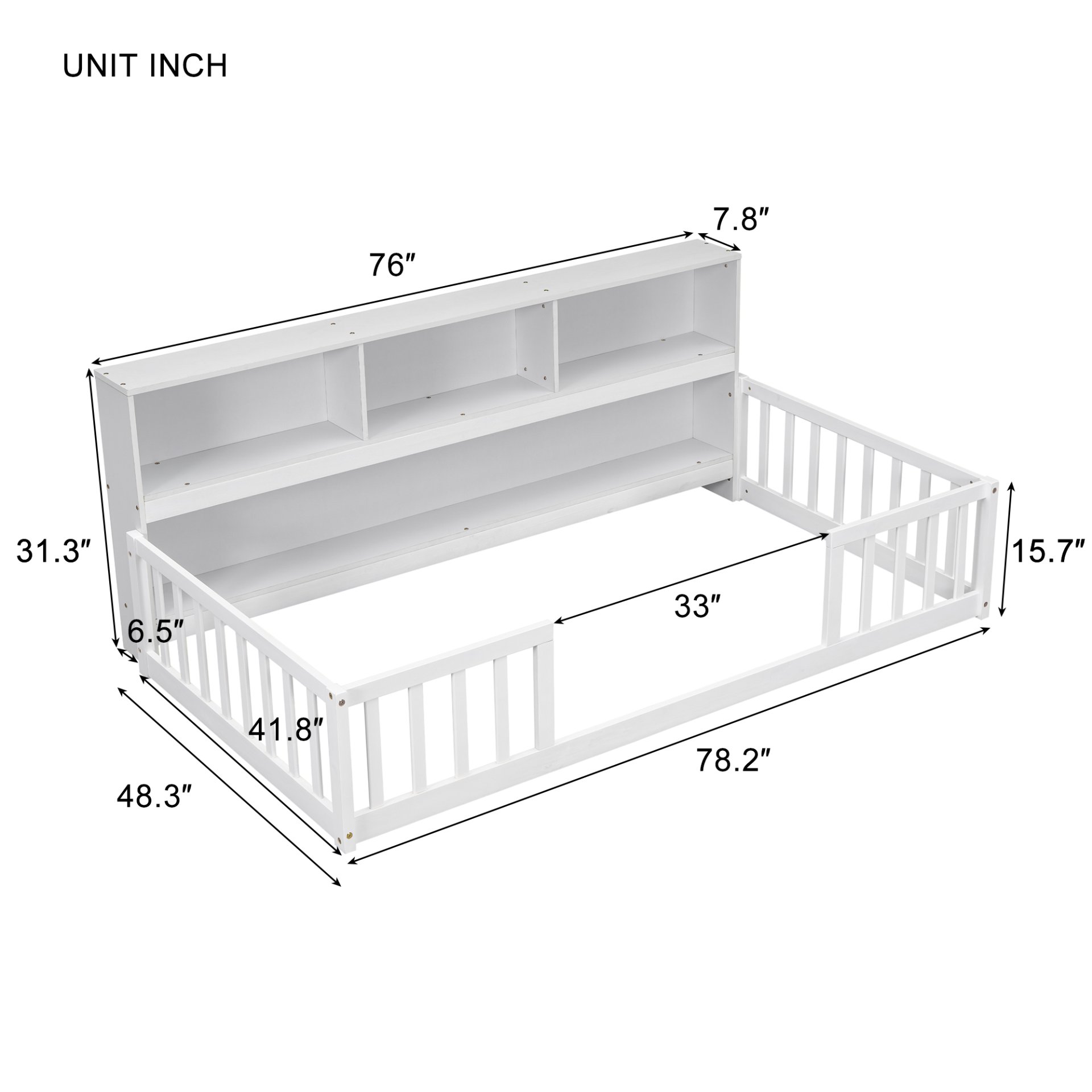 Twin Floor Bed With Bedside Bookcase, Shelves, Guardrails - White - Image 8