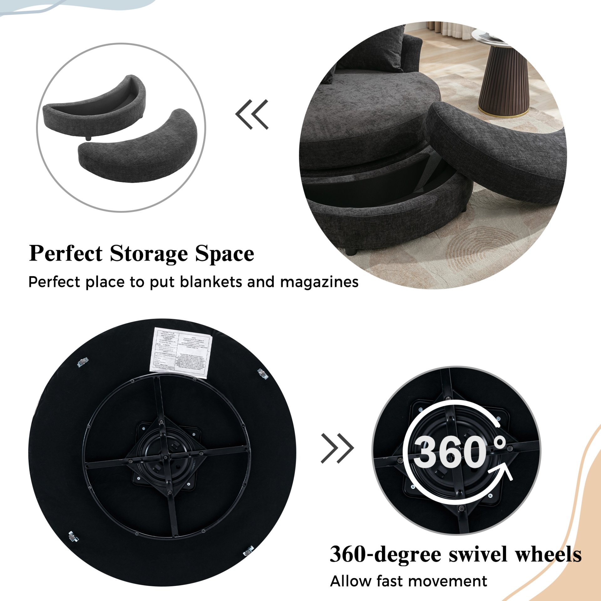 360° Swivel Accent Barrel Chair With Storage Ottoman & 4 Pillows, Modern Chenille Leisure Chair Round Accent For Living Room - Gray - Image 5