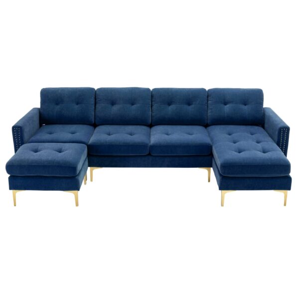 Elegant Convertible L - Shape Sectional Sofa Couch With Movable Ottoman, Velvet Upholstery - Blue