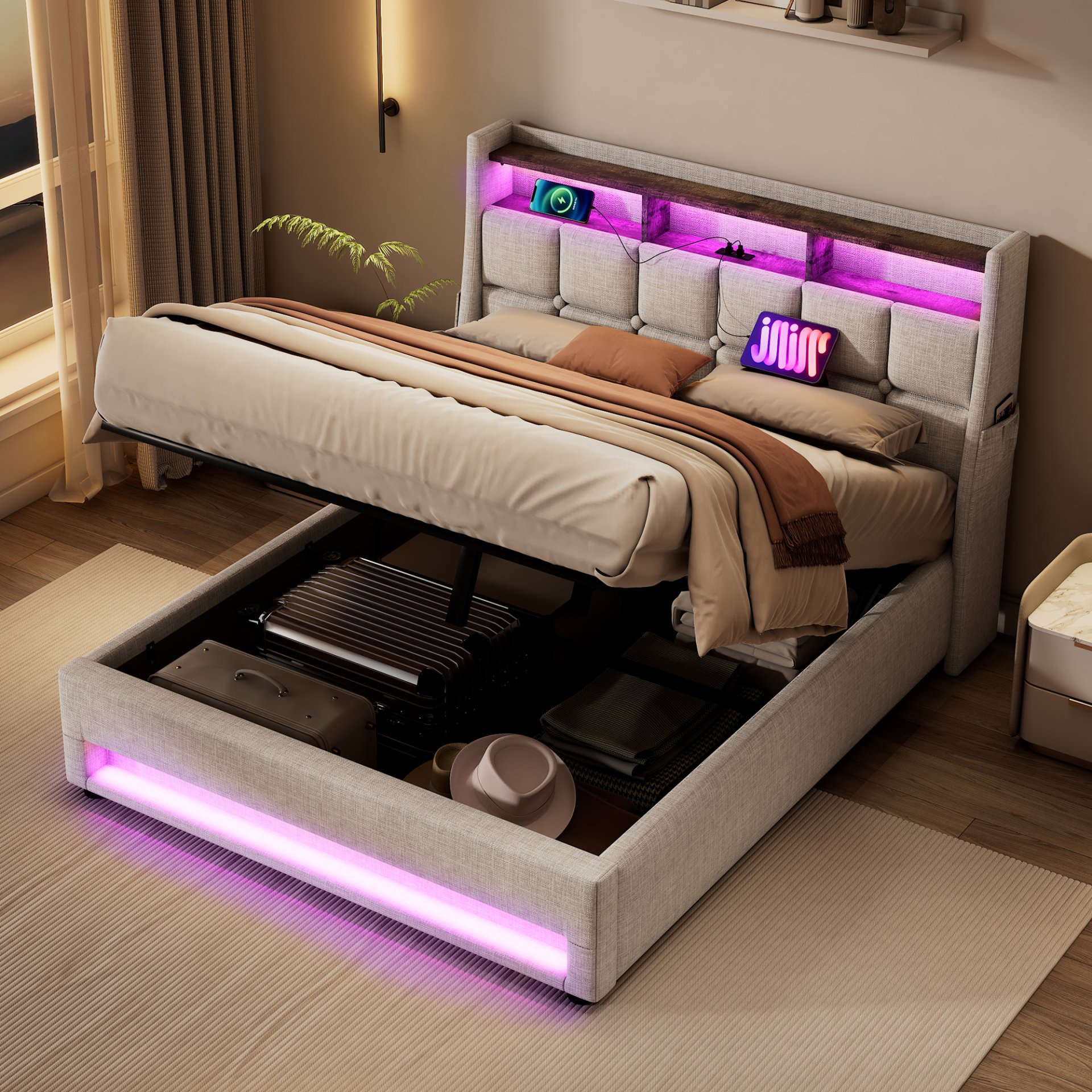 Full Size Upholstered Platform Bed With A Hydraulic Storage System, LED And USB Charging (Without Mattress) - Natural - Image 21