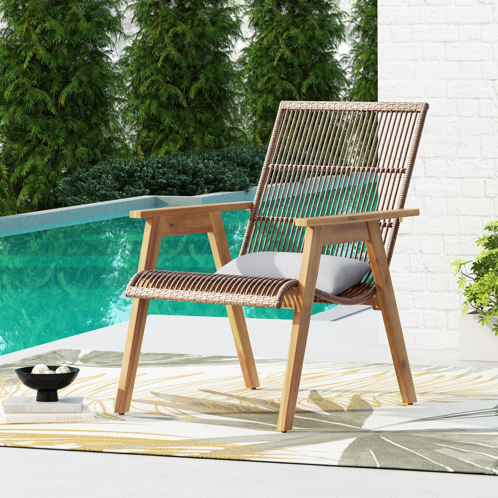 Acacia Wood Cape Woven Wicker Large Lounge Chair With Pillow For Patio, Deck, Yard, Lawn And Garden Seating Wicker (Set of 2) - Teak - Image 10