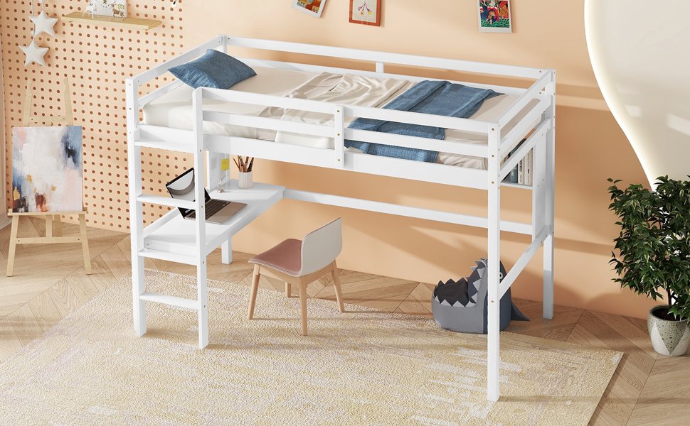 Twin Size Loft Bed With Desk And Shelves, Safety Guardrail And Ladder - White - Image 7