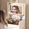 Compact 3 In 1 Vanity Desk With Open Top Mirror, Glass Desktop, 5 Height - White - Image 5